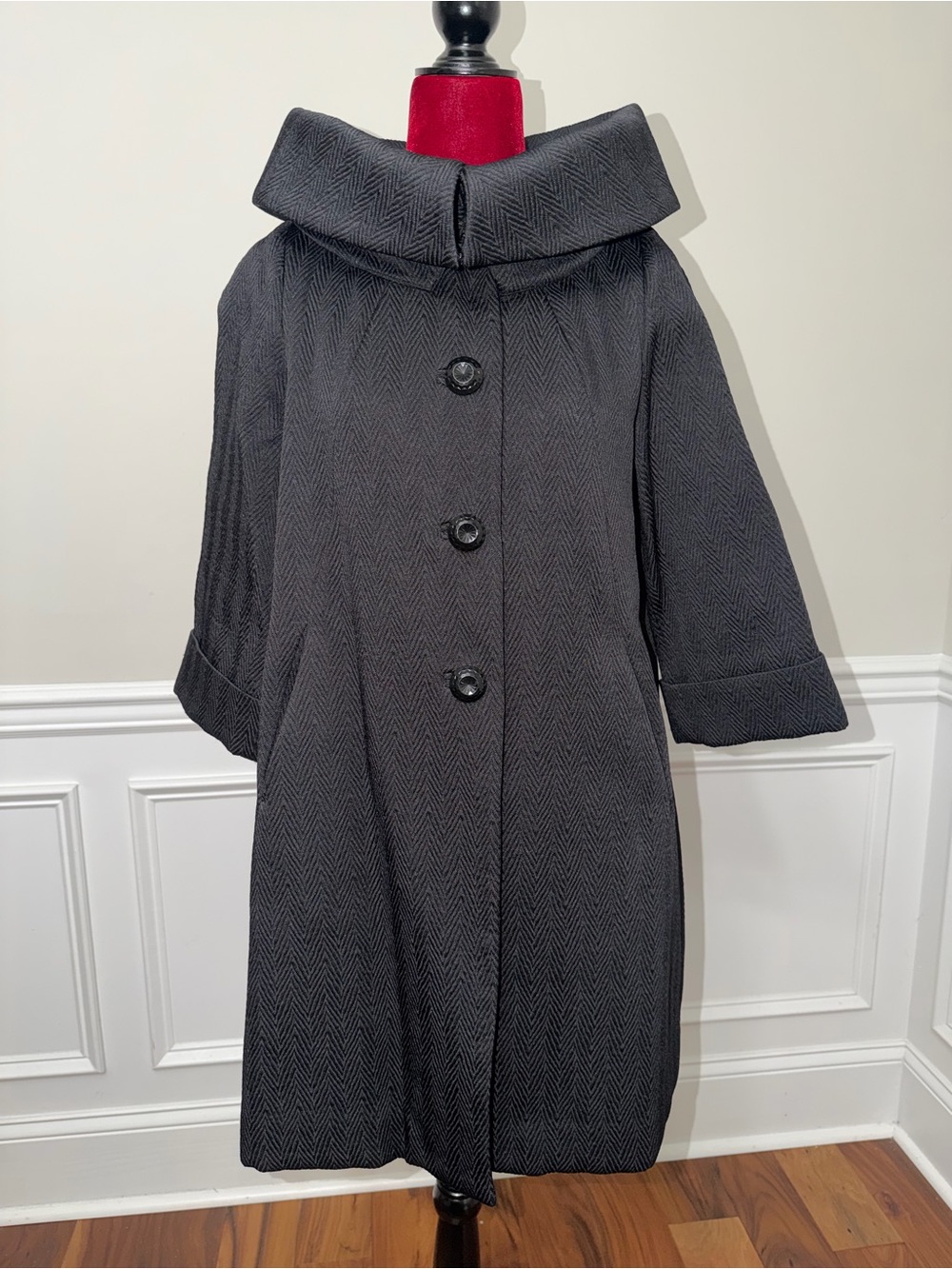 BCBGMAXAZRIA Black Herringbone Wool Blend Portrait Collar Coat Jacket XXS Mod